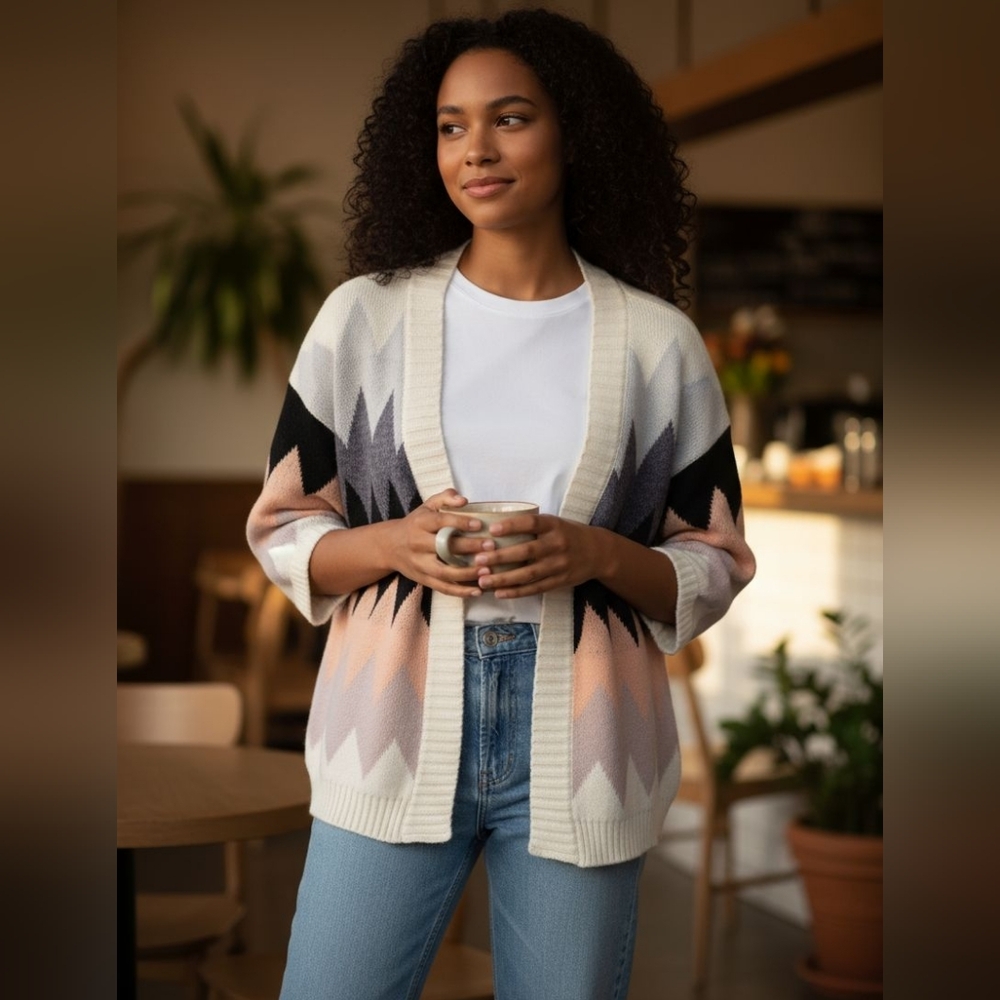 Dreamers Geometric Patterned Sweater - Cream, Black, Pink cardigan Small